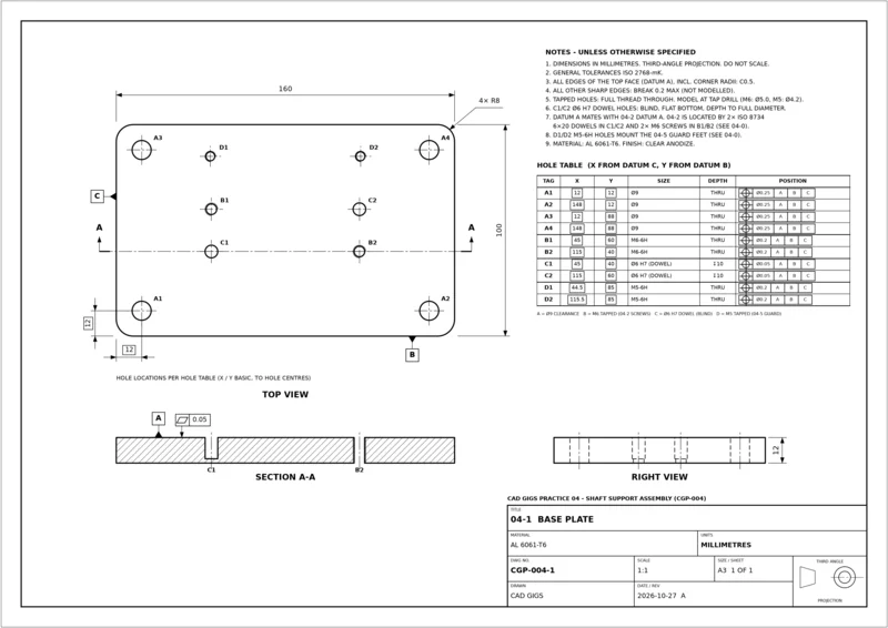 Drawing sheet 04-1 Base plate: hole table with GD&T position tolerances