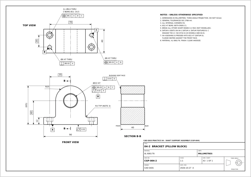 Drawing sheet 04-2 Bracket (pillow block): Ø22 H7 bore with position and parallelism controls