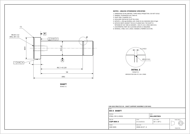 Drawing sheet 04-3 Shaft: Ø16 g6 journal and DIN 471 ring groove (detail Z)